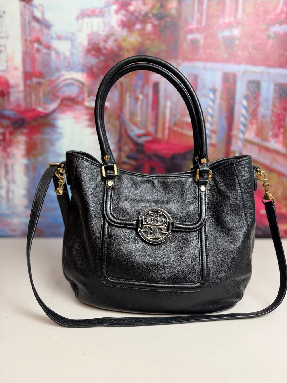 Tory Burch Amanda Black Leather Convertible Tote Crossbody Bag